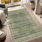 HelloTree Vintage Area Rug 3x5 Green Entryway Office Washable Carpet Non Slip Backing Printed Distressed Rugs for Bedroom Vintage Boho Tribal Area Rugs for Bathroom Bedroom Dining Living Room-Green