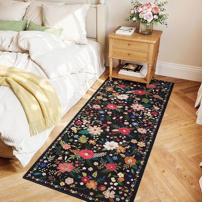 Rug Runners 2x6, Floral Washable Kitchen Rugs for Hallways Area Rugs, Non Slip Long Rug Low Pile Entrance Doormat, Flower Carpet for Kitchen, Entryway Indoor, Bedroom, Bathroom, Laundry, Black