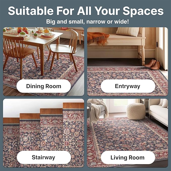Well Woven Asha Rome Navy Blue Red 3'3" x 5' Area Rug - Oriental Floral Pattern, Easy Clean, Floor-Friendly Backing - for Living Room, Bedroom, and Dining Room