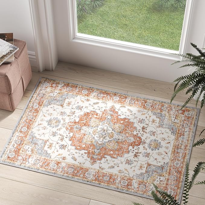 jinchan Area Rug 2x3 Vintage Entryway Rug Washable Boho Indoor Doormat Floral Medallion Small Door Mat Non Slip Retro Soft Thin Classic Carpet for Kitchen Bathroom Bedroom Brick Red