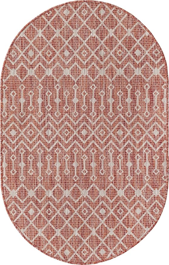 Unique Loom Outdoor Trellis Collection Area Rug - Tribal Trellis (3' 3" x 5' 3" Oval, Rust Red/ Ivory)