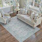 Area Rug 5x7 Blue Washable Living Room Carpet Soft Non Slip Vintage Bedroom Indoor Office Traditional Retro Distressed Thicker Throw Large Rug for Dining Room Bathroom Kitchen
