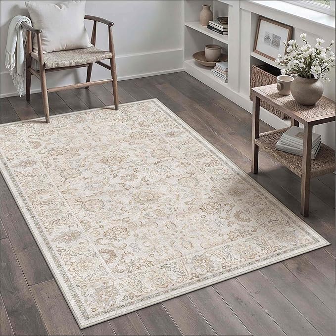 HUGEAR 3x5 Machine Washable Area Rugs Vintage Grey - Neutral Non Slip Stain Resistant Low Pile Aesthetic Throw Carpet Kids & Pet Friendly for Living Room Kitchen Dining Room Laundry