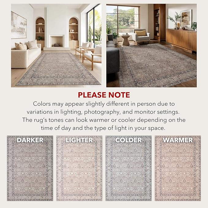 Kuden 5x7 Area Rug, Machine Washable Area Rug with Non-Slip Backing, Vintage Style, Soft, Easy Clean, Low Pile Rug for Living Room, Bedroom, Dining Room