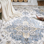 jinchan Area Rug 4x6 Vintage Washable Bedroom Rug Floral Medallion Lightweight Non Slip Thin Retro Classic Soft Boho Floor Cover Farmhouse Carpet for Living Room Dining Room Kitchen Blue