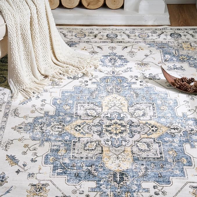 jinchan Area Rug 6x9 Vintage Washable Living Room Rug Floral Medallion Non Slip Thin Floor Cover Retro Classic Soft Boho Farmhouse Carpet for Bedroom Dining Room Kitchen Blue