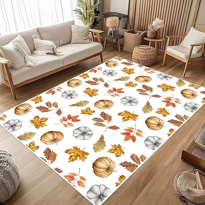 Pumpkin Area Rug, 5x8ft, Fun Vibrant Autumn Harvest Fallen Leaves Pumpkin Plant White Fall Porch Rug, Sturdy Non Slip Easy-Washing Fall Decorations for Home Bedroom