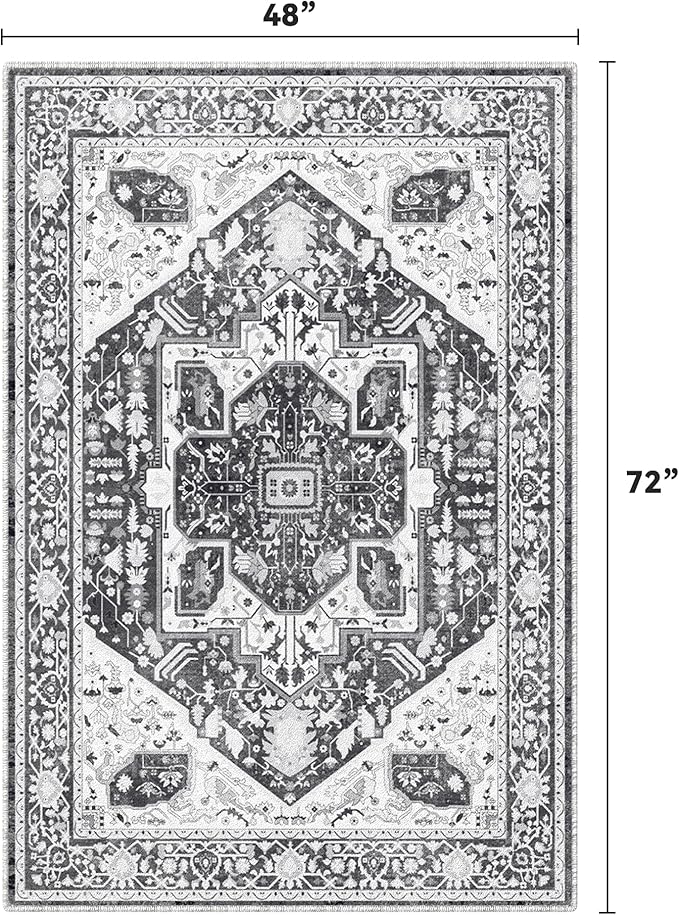 EnHomee 4x6 Washable Area Rugs for Bedroom, Boho Vintage Rugs, Foldable Area Rug for Dining Room, Non-Slip Soft Living Room Rug, Low Pile Large Carpet for Bathroom, Grey