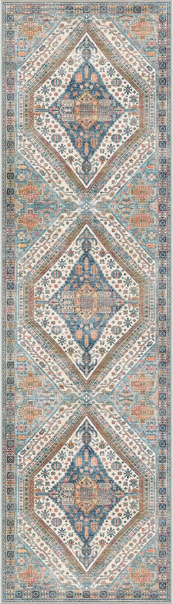 Bavni Kitchen Rug 2x5 Runner Rugs for Hallways Entryway, Washable Vintage Print Carpet, Ultra-Thin Chenille Low Pile Lightweight Rug with Non Slip Backing, Blue/Orange