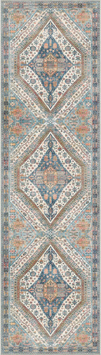 Bavni Runner Rug 2x10 Kitchen Rugs for Hallways Entryway, Washable Vintage Print Carpet, Ultra-Thin Chenille Low Pile Lightweight Rug with Non Slip Backing, Blue/Orange