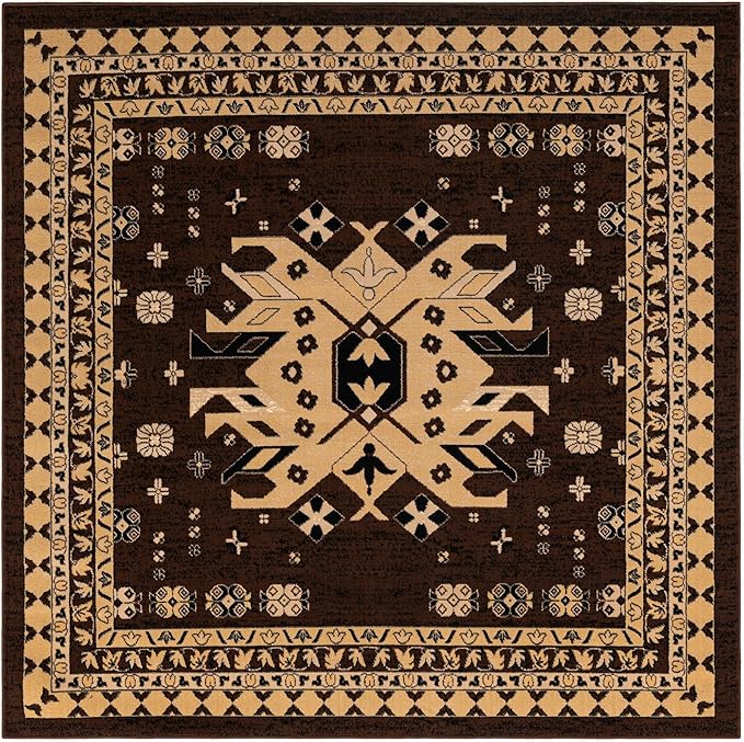 Unique Loom Taftan Collection Border Geometric Tribal Inspired Design Area Rug (8' 0 x 8' 0 Square, Brown/ Tan)