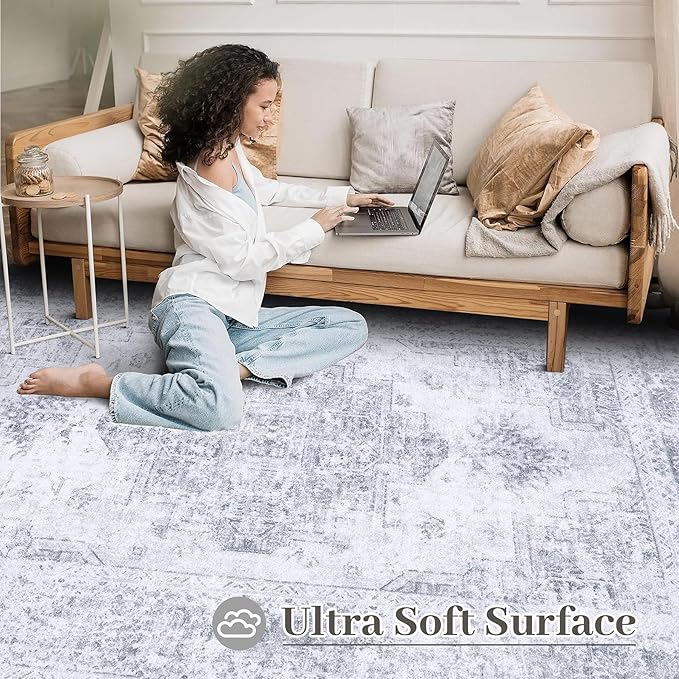 Area Rug 9x12 Living Room Rug, Machine Washable Vintage Distressed Medallion Rug Non-Slip Soft Low Pile Large Indoor Rugs for Bedroom Kitchen Dining Room Office(LightGrey,9'x12')