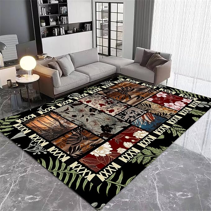 Vintage Jungle Floral Area Rug 5x7ft, Tropical Leaf Print Low Pile Carpet, Washable Non-Slip & Soft Mat for Bedroom, Living Room, Dining Room, Playroom