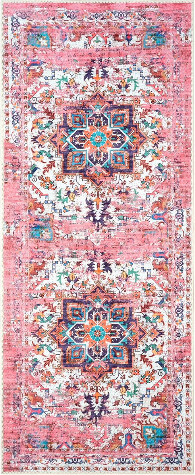 GLN Rugs Traditional Collection - Machine Washable Area Rug, Traditional Washable, Non Slip, Low Pile Chenille Rug, Living Room, Bedroom, Kitchen Rug (2'6" x 7' Pink/Multicolor)