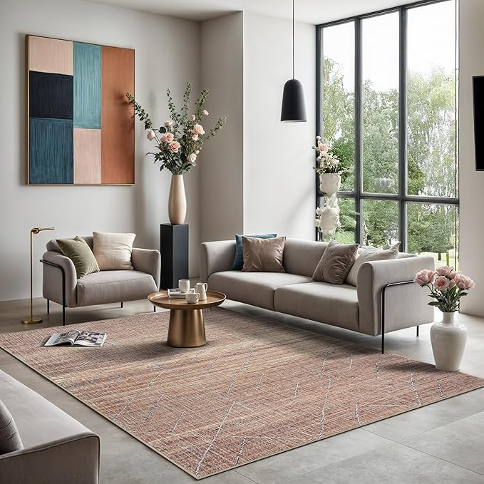 GLN Rugs Contemporary Collection - Machine Washable Area Rug, Contemporary Washable, Non Slip, Low Pile Chenille Rug, Living Room, Bedroom, Kitchen Rug (9' x 12' Terra/Brown)