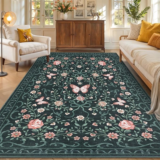 GarveeHome Washable Floral Area Rug 5x7 for Living Room Non Slip Bedroom Rug Soft Stain Resistant Large Dining Room Throw Carpet Low Pile Black Bow Rugs Butterfly Flower Carpet for Nursery Entry, 5x7