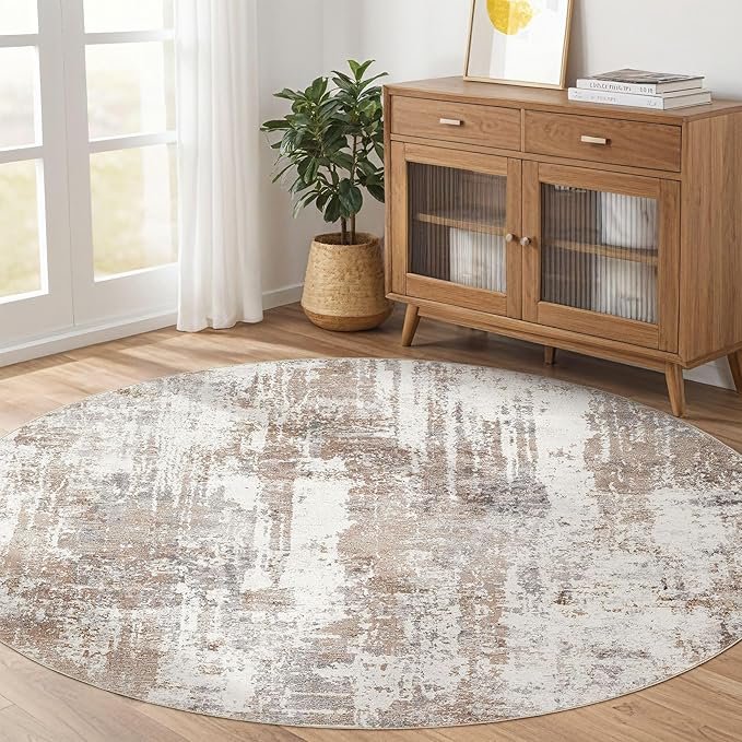 Round Rug Living Room Rugs: 10x10 Washable Circle Large Abstract Modern Soft Stain Resistant Non-Slip Indoor Floor Carpet for Bedroom Nursery Office Dining Room Playroom Home House Decor- Brown