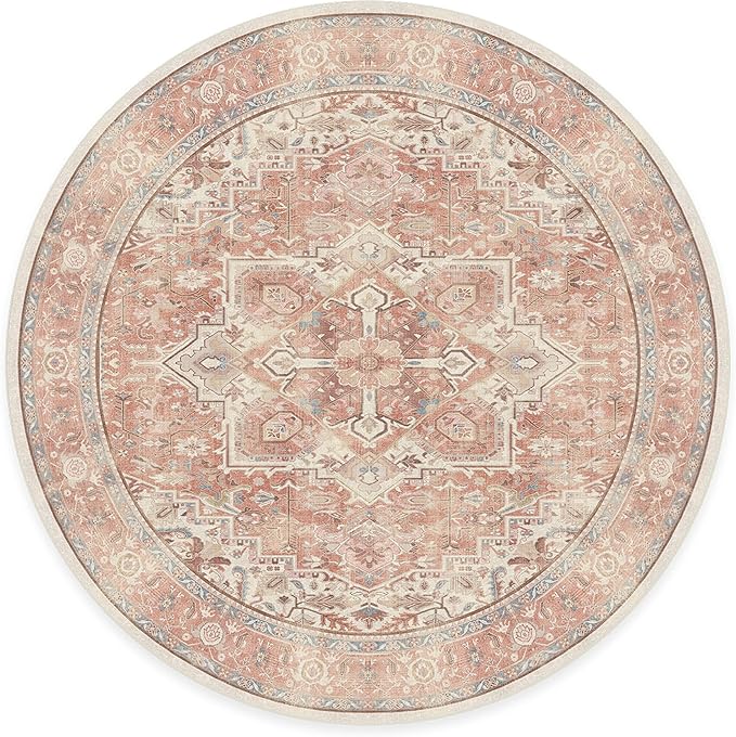 RUGGABLE Washable Area Rug – Kamran Rose Pink 8 ft Round, Stain-Resistant, Non-Slip – Large Machine Washable Rugs for Living Room, Bedroom, Hallway, Entryway & Office–with Standard Pad