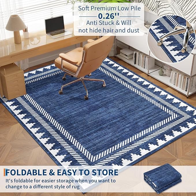 Geometric Bordered 2x6 Washable Runner Rug for Hallway Kitchen Foldable Non Slip Indoor Soft Carpet Modern Stain Resistant Non-Shedding Low Pile Rug for Dining Room Living Room with Rubber Back, Blue