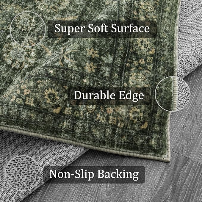 Morebes Washable Green Area Rugs 4x6, Vintage Boho Rugs for Bedroom, Soft Distressed Indoor Floor Non-Slip Non-Shedding Living Room Throw Carpet for Kitchen Dining Playroom Entryway Christmas Decor