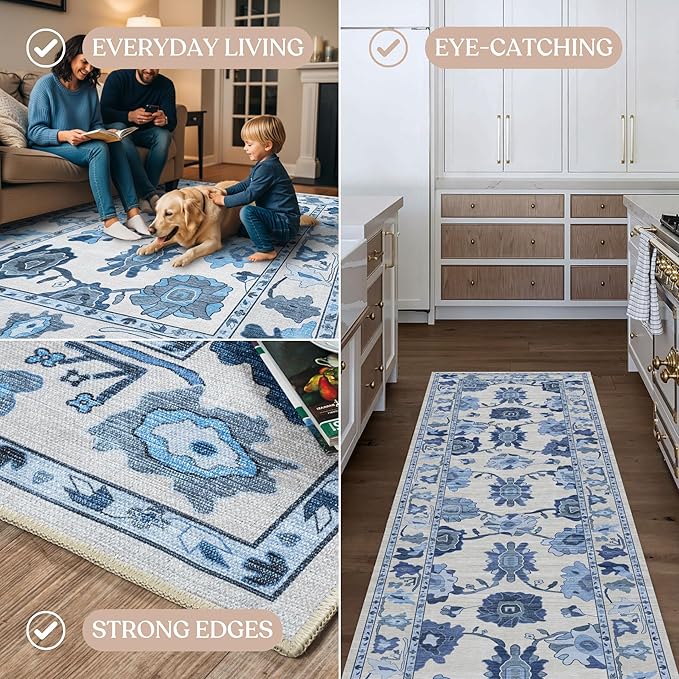 Fame Living Navy Blue Oushak Rug, Modern Rugs, Vintage, Turkish, Eclectic, Floral, Pastel, Washable, Small Throw, Accent Area Rug for Living Room, Bedroom, Kitchen, Bathroom, 2'5"x4'9"