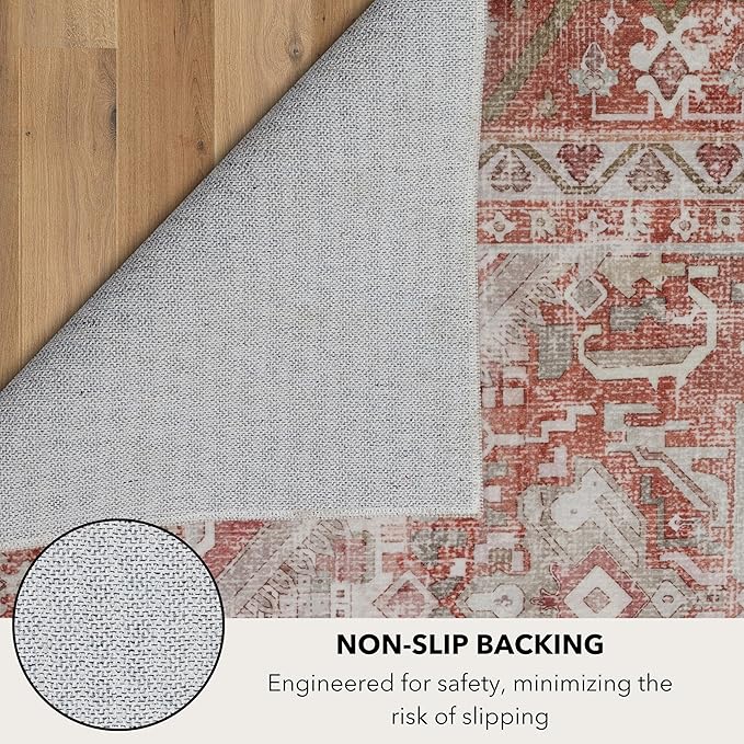 Kuden 2'6"x12 Runner Rug, Machine Washable Area Rug with Non-Slip Backing, Vintage Style, Soft, Easy Clean, Low Pile Rug for Hallway, Entryway, Kitchen, Bedroom