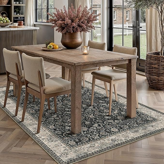 HUGEAR 5x7 Machine Washable Rugs Black Beige Hallway Area Rug Indoor Accent Rug Floral Low Pile Carpet Soft Throw Aesthetic Rug Bedroom Living Room Office Dining Room Laundry Room Non Slip