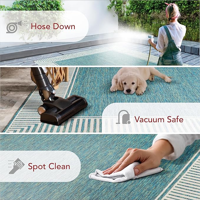 Nuloom Asha Teal/Ivory, 5' x 8', Casual, Striped Border, Soft and Cozy, High Traffic, Stain Resistant, Easy Clean, Durable Area Rug for Indoor/Outdoor Patio, Deck, Porch, Garden, Courtyard