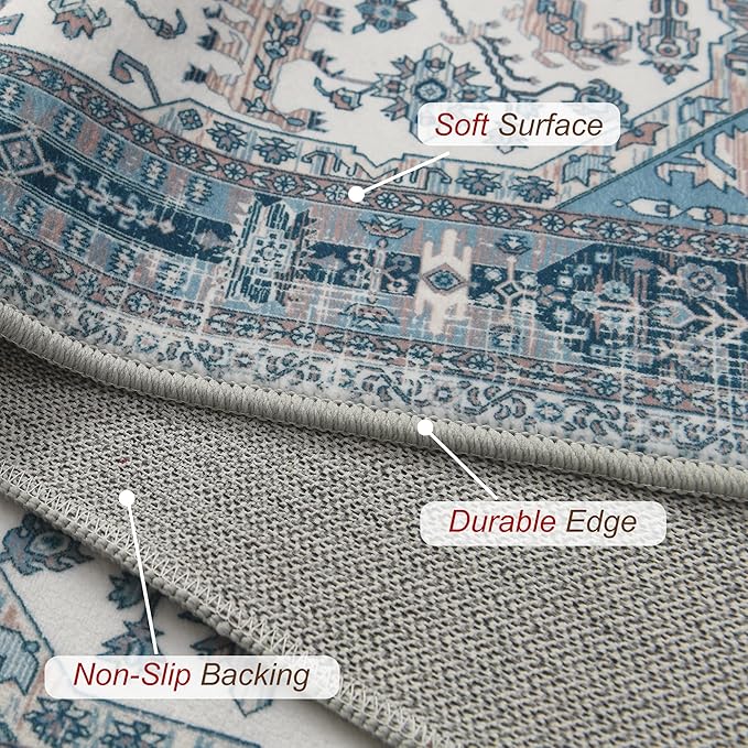 XWZO Entryway Area Rug 2x3ft — Soft Vintage Low Pile Door Floor Mat with Non Slip Backing for Bedroom Bathroom Kitchen Laundry, Spill Resistant Washable Small Indoor Carpet for Doorway Entrance, Blue