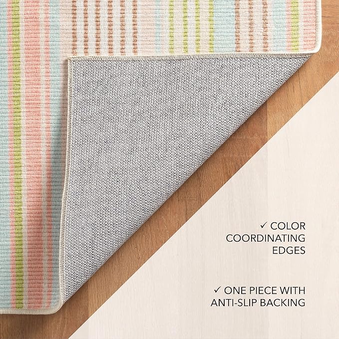 Dash and Albert Ana Ticking Machine Washable Area Rug - 2' x 3' Aqua Stripe Washable Accent Rug - Durable, High Traffic Area Kitchen, Hallway, Bedroom