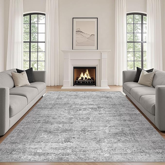 Grey Rug 8x10 Area Rugs: Washable Boho Large Vintage Neutral Soft Rug Stain Resistant Farmhouse Non-Slip Indoor Floor Carpet for Living Room Bedroom Playroom Office Dining Room Apartment Dorm