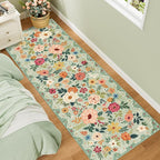 DUKINO 2x6 Kitchen Runner Rug for Hallway, Washable Runner Rug with Non Slip Backing, Low Pile Soft Boho Spring Floral Carpet for Kitchen, Hallway, Entryway, Laundry, Bedroom, Green