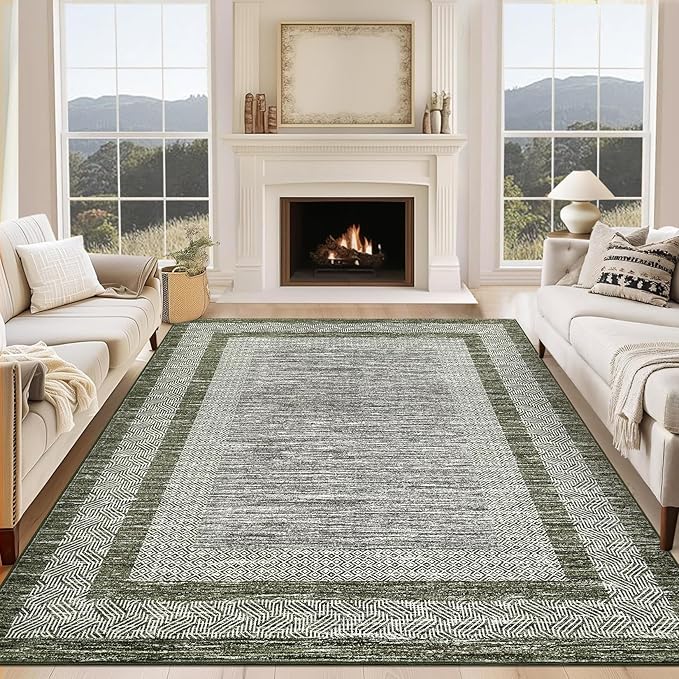 GarveeHome 10x13 Large Washable Geometric Area Rug Non Slip Non Shedding Floor Carpet, Modern Bordered Distressed Green Indoor Printed Rug for Living Room, Bedroom, Office