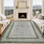 GarveeHome 8x10 Large Washable Area Rug Modern Bordered Rug Distressed Geometric Floor Carpet, Soft Non Slip Rug, Low Pile Non Shedding Rug, Indoor Green Rug for Bedroom, Living Room