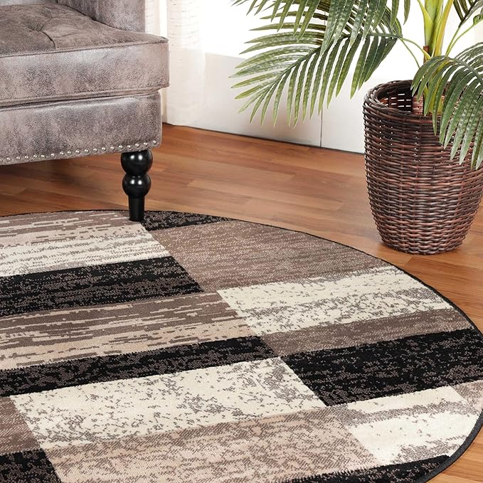 Superior Indoor Area Rug, Jute Backing, Plush Modern Rugs for Entryway, Kitchen Floors, Office Floor Cover, Color Block Rugs, Rockwood Collection, 8' Round, Chocolate
