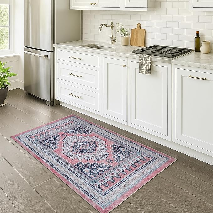 Fame Rugs Turkish Rug. Washable Vintage Oriental Antique Inspired Traditional Doormat Small Modern Area Rugs Luxury Entryway Entry Bedroom Bathroom Kitchen (399TN, 2'5 x 5')