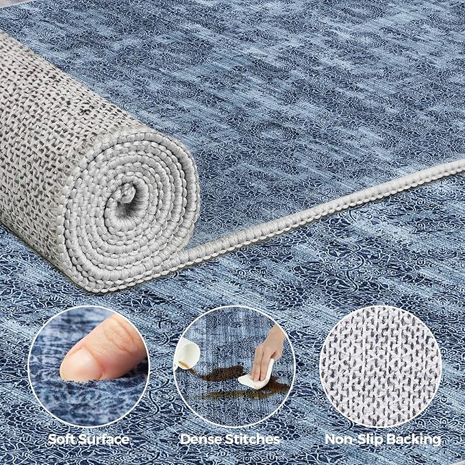 WITSHOCK 6x9 Area Rugs for Living Room: Machine Washable Non Slip Modern Abstract Carpet - Low Pile Print Rug for Bedroom Dining Room - Stain Resistant for Household - Pet Owners (Blue White)
