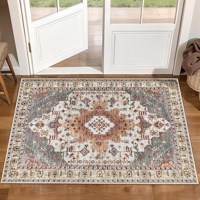 Tangsoo Vintage Rug 2x3 Washable for Entryway, Non Slip Small Area Rug, Indoor Front Door, Print Distressed Turmeric Door Mat Carpet, Soft Low Pile Rugs for Entrance Kitchen Bedroom Bathroom