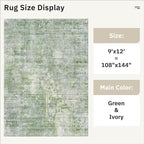 9x12 Area Rugs for Living Room, Non-Slip Machine Washable Vintage Rugs, Abstract Low Pile Lightweight Large Rug for Bedroom, Dining Room, Home Office Green Ivory