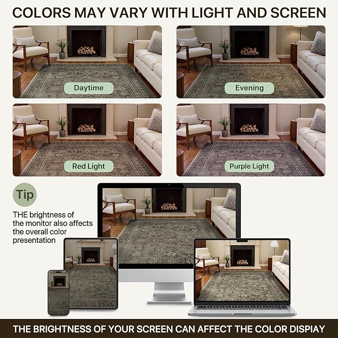 8x10 Area Rug Machine Washable Boho Rug for Living Room,Ultra-Thin Low Pile Carpet,Lightweight Indoor Printed Rug,Non Slip Floral Area Rug for Bedroom, Dining Room, Home Office,Vintage Sage Green