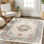 Area Rugs Square 4ft Washable Non-Slip, Floral Vintage Distress Print Pattern Medallion Carpet for Living Room Bedroom Dining Room, Beige Navy Blue Orange Colorful