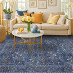 Vintage Dark Blue Living Room Rug 5x8 Area Rug - Vintage Floral Forest Washable Mat for Dining Room, Bedroom, Low Pile Non Slip Stain Resistance Distressed Retro Indoor Boho Floral Carpet
