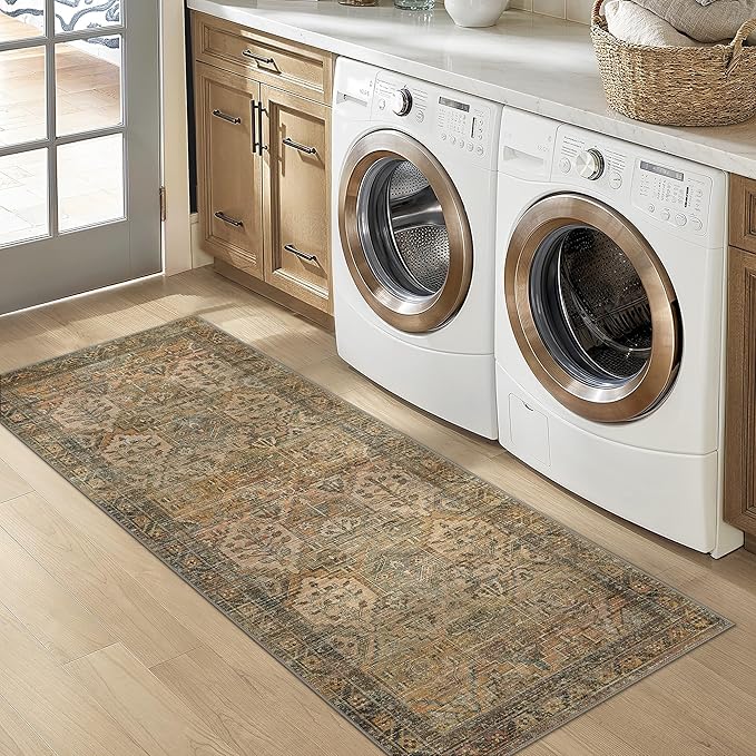 Bavni Kitchen Rug 2x5 Runner Rugs for Hallways Entryway, Washable Vintage Print Carpet, Ultra-Thin Chenille Low Pile Lightweight Rug with Non Slip Backing, Sepia