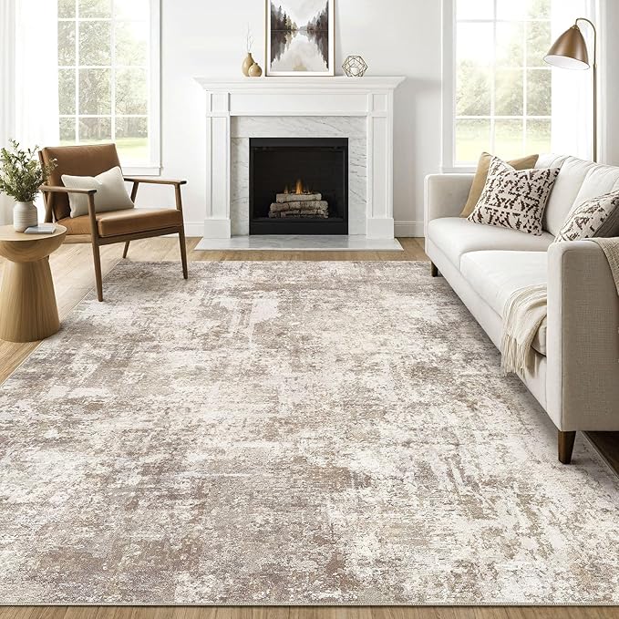 8x10 Area Rugs Living Room: Washable Large Abstract Soft Rug Stain Resistant Indoor Floor Non-Slip Accent Carpet for Women Modern Home Enthusiasts Aged- Bedroom Nursery Playroom- Beige Brown