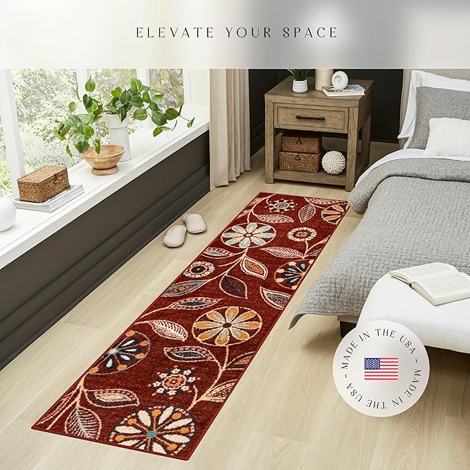 Maples Rugs Reggie Floral Runner Rug - Made in USA - Washable, Non Slip Indoor Carpet for Kitchen, Hallway, and Laundry Room, 2' x 7', Merlot