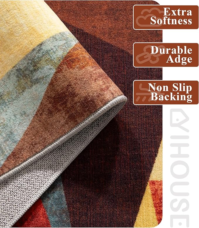 YIHOUSE Brown Area Rug 4x6,Geometric Burnt Orange Area Rug Non Slip,Farmhouse Rugs Washable,Vintage Burgundy Carpets for Bedroom, Boho Rug for Kitchen,Dining Room