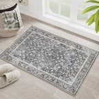 HUGEAR 2x3 Small Rug Machine Washable Area Rug Black Grey Entryway Rugs Entrance Door Mat Indoor Floral Low Pile Carpet Distressed Throw Rugs Kitchen Bedroom Office Non Slip