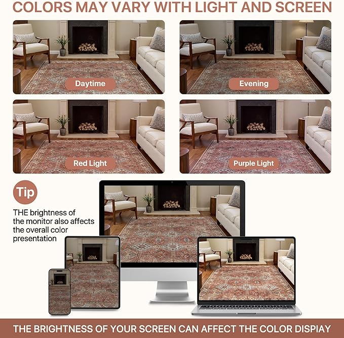 Bavni Clearance 6x9 Area Rugs for Living Room, Machine Washable Rug Non Slip, Vintage Chenille Distressed Print Carpet, Large Low Pile Ultra-Thin Lightweight Rugs for Bedroom, Dining Room, Spice Sky
