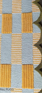 Handmade Scalloped Wool Area Rug - Modern Geometric Pattern, Green-Beige Stripes, Checkered Chevron Design - Soft, Durable Thick Carpet for Living Room, Bedroom (Gold, 8' x 10')