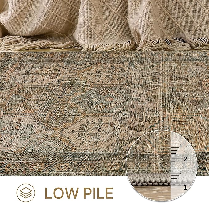 Bavni Kitchen Rug 2x5 Runner Rugs for Hallways Entryway, Washable Vintage Print Carpet, Ultra-Thin Chenille Low Pile Lightweight Rug with Non Slip Backing, Sepia